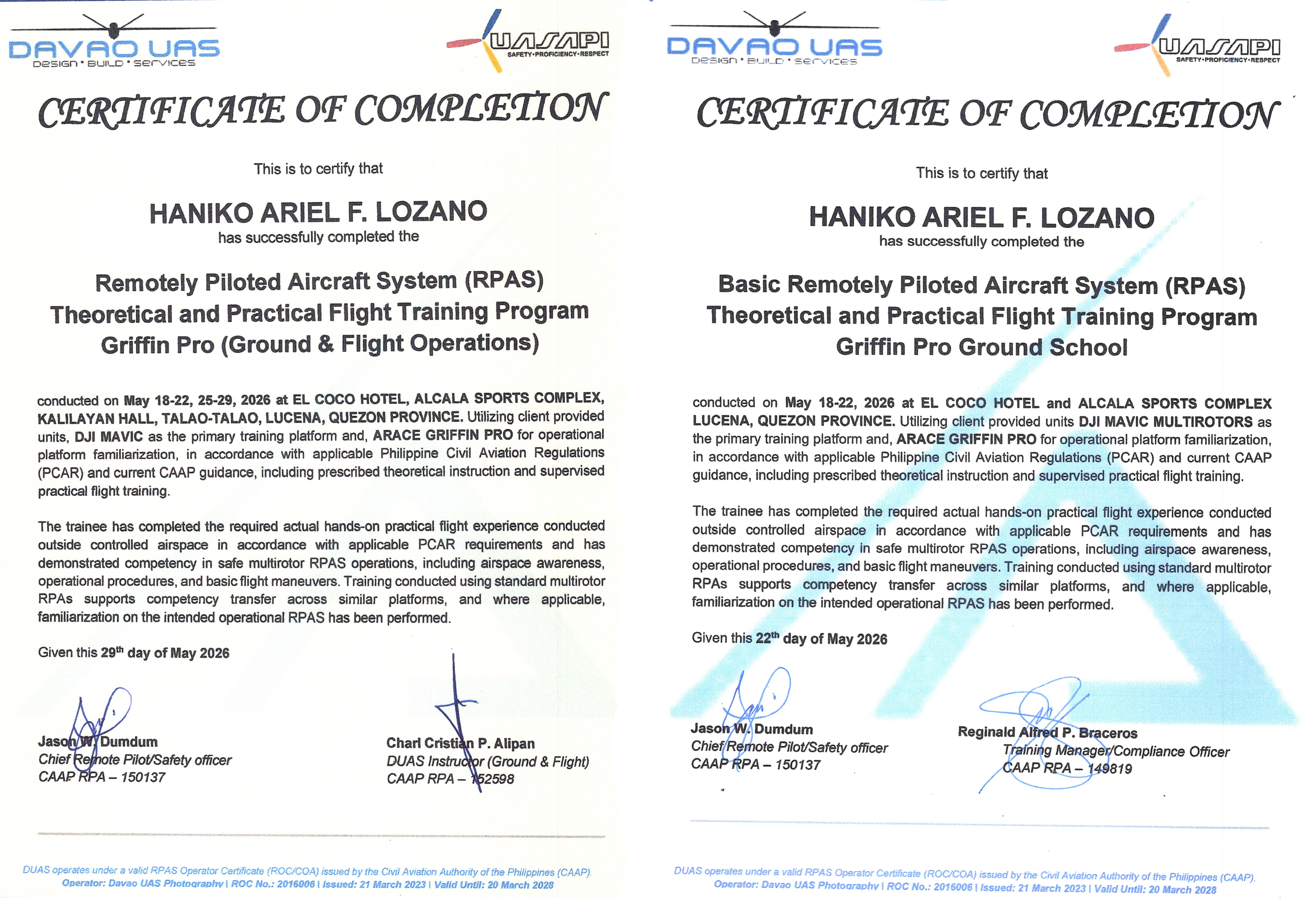 RPAS flight training certificate