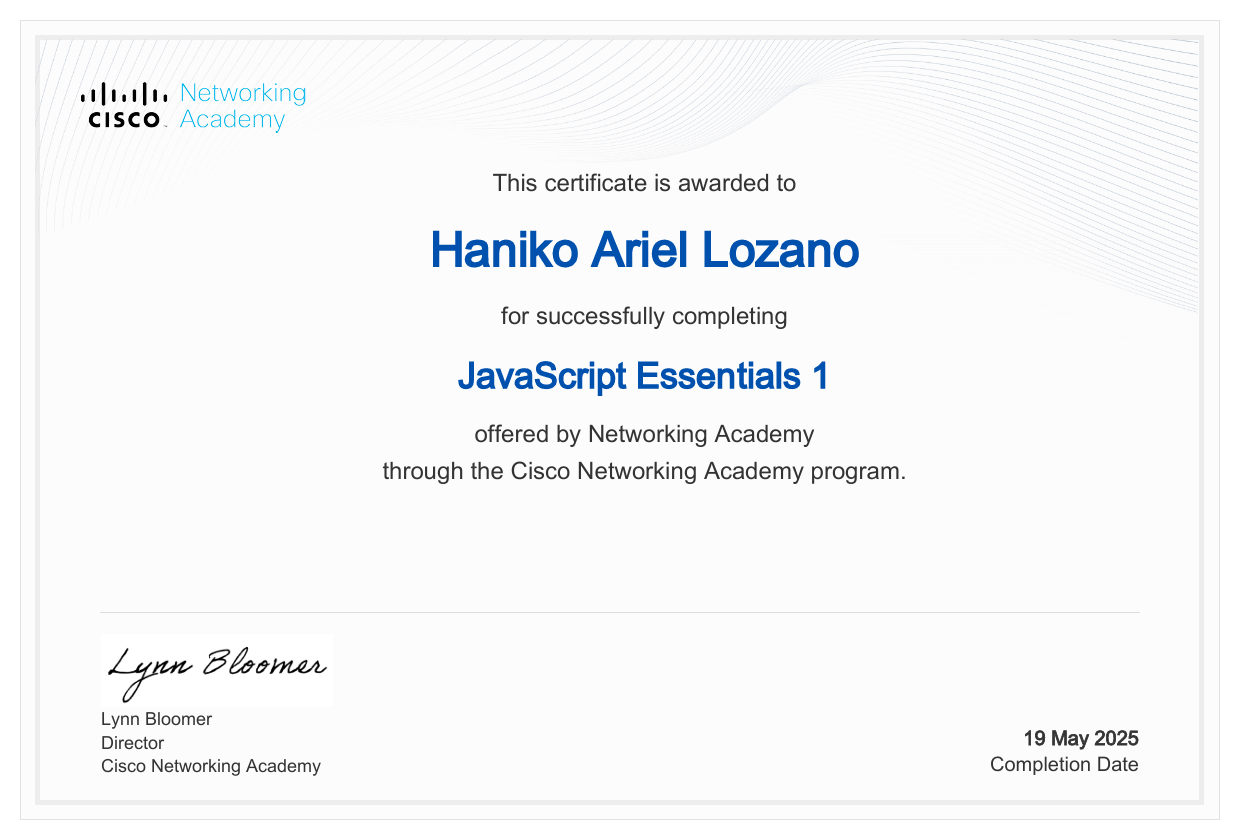 JavaScript Essentials 1 certificate