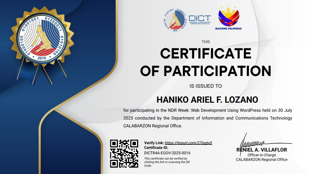 NDR Week: Web Development Using WordPress certificate